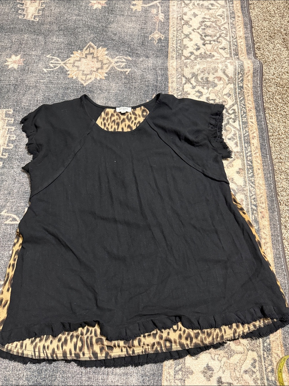 Umgee Black Short-Sleeve Top with Leopard Trim